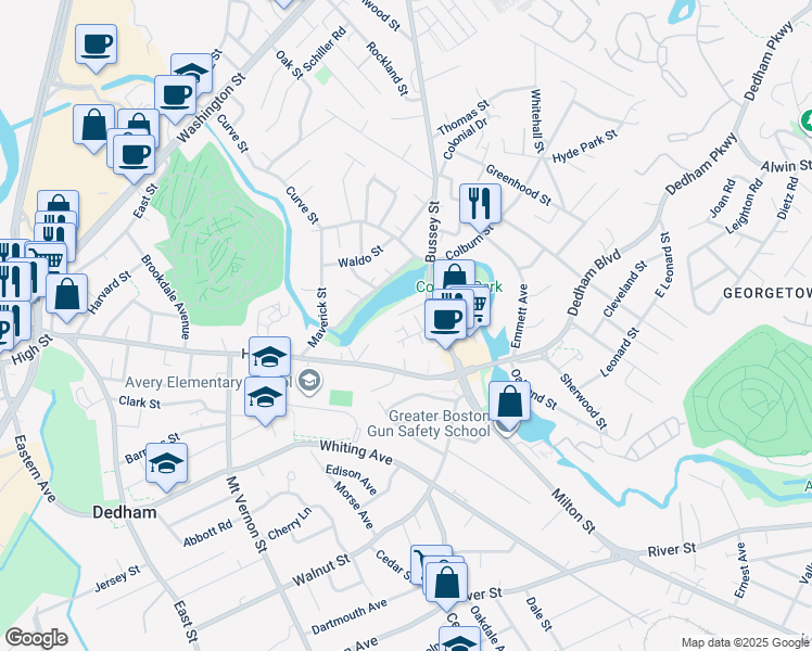 map of restaurants, bars, coffee shops, grocery stores, and more near 5 Pond Place in Dedham