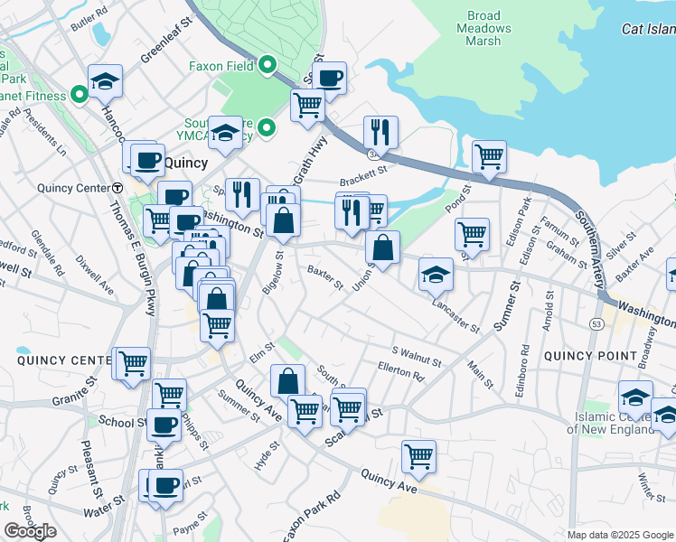 map of restaurants, bars, coffee shops, grocery stores, and more near 29 Edwards Street in Quincy