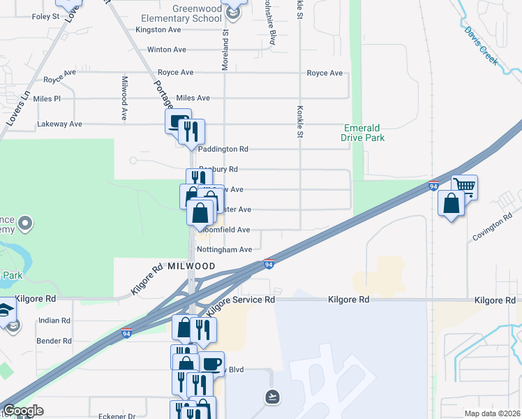 map of restaurants, bars, coffee shops, grocery stores, and more near 1930 Dorchester Avenue in Kalamazoo
