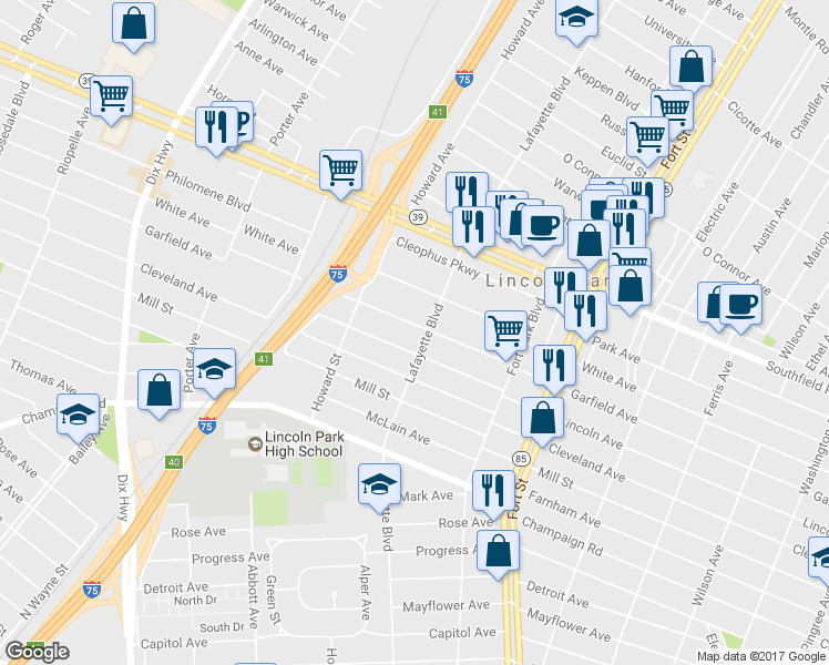 map of restaurants, bars, coffee shops, grocery stores, and more near 1511 Garfield Avenue in Lincoln Park