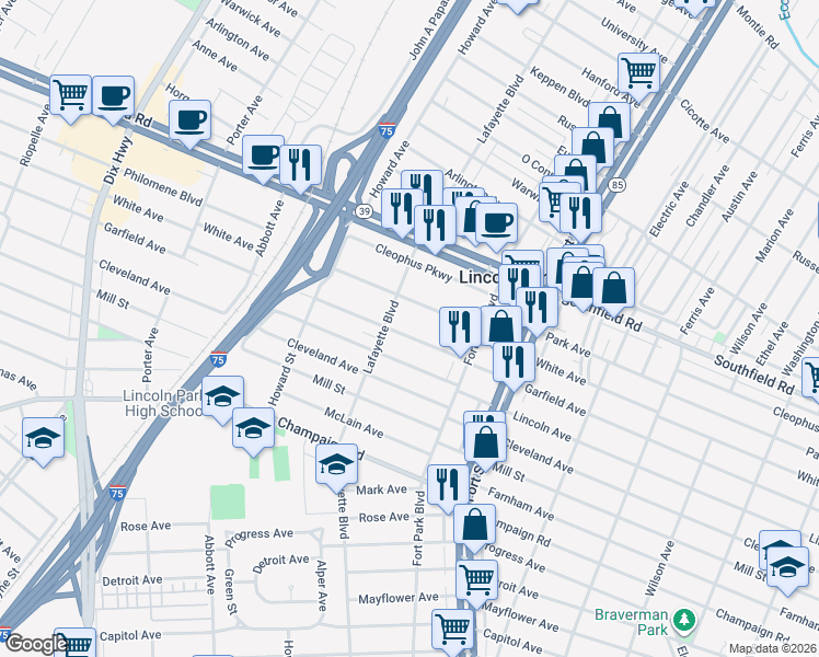map of restaurants, bars, coffee shops, grocery stores, and more near 1466 Garfield Avenue in Lincoln Park