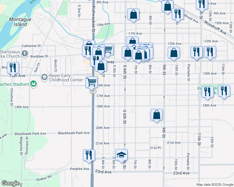 map of restaurants, bars, coffee shops, grocery stores, and more near 904 17th Avenue in Rockford