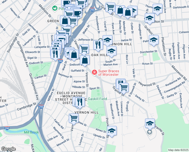 map of restaurants, bars, coffee shops, grocery stores, and more near 12 Winthrop Street in Worcester