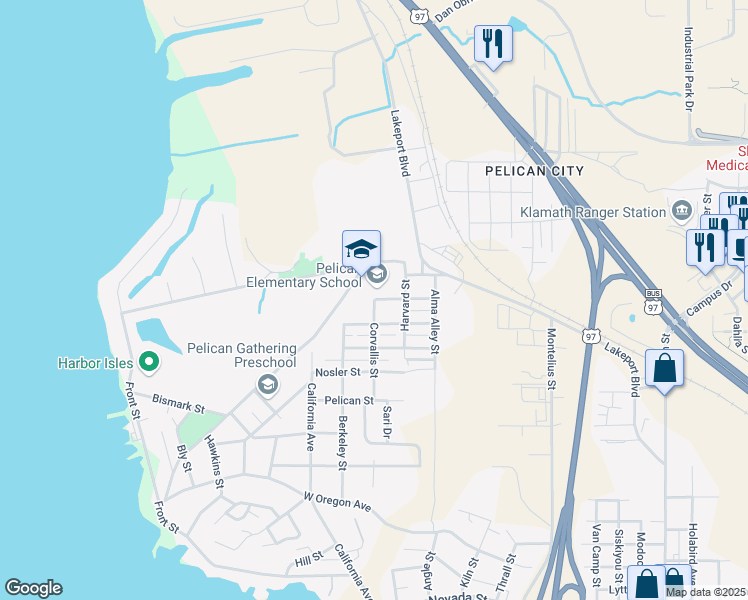 map of restaurants, bars, coffee shops, grocery stores, and more near 442 McLean Street in Klamath Falls