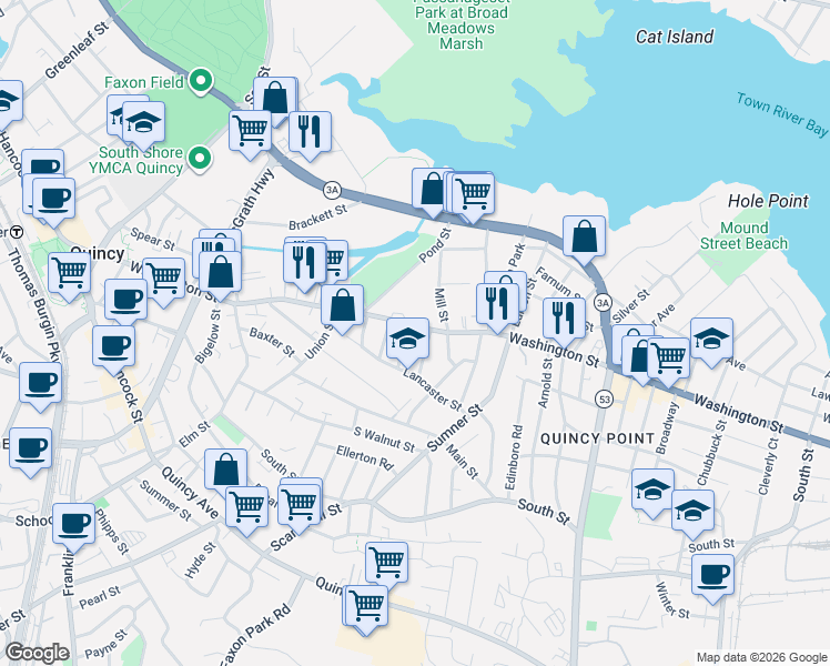 map of restaurants, bars, coffee shops, grocery stores, and more near 9 Lowe Street in Quincy