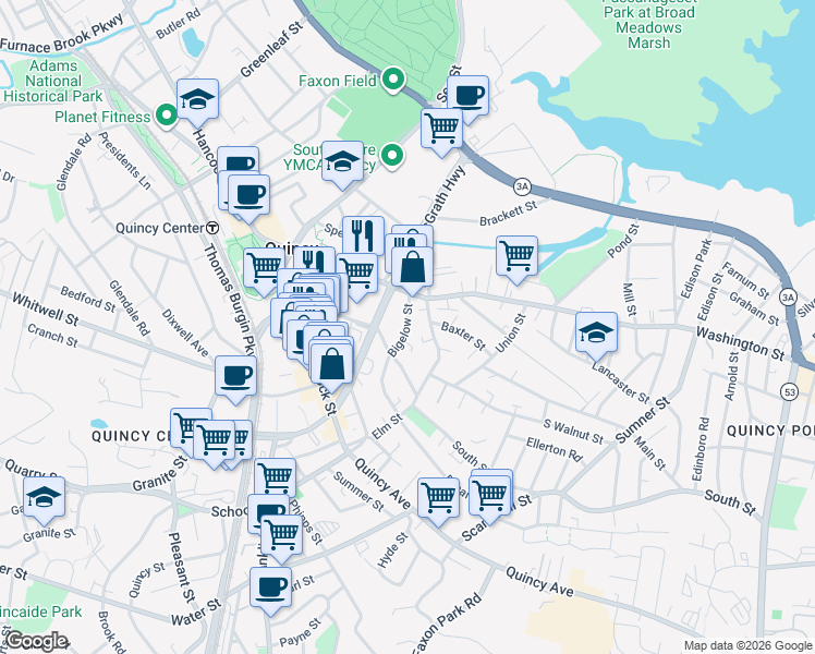 map of restaurants, bars, coffee shops, grocery stores, and more near in Quincy