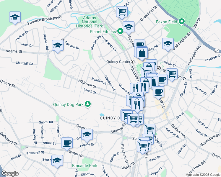 map of restaurants, bars, coffee shops, grocery stores, and more near 168 Glendale Road in Quincy