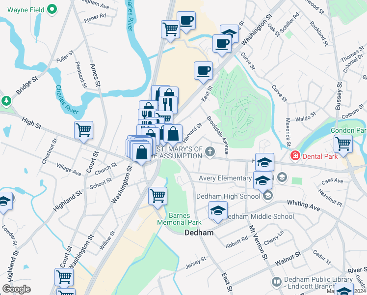 map of restaurants, bars, coffee shops, grocery stores, and more near 104 Harvard Street in Dedham