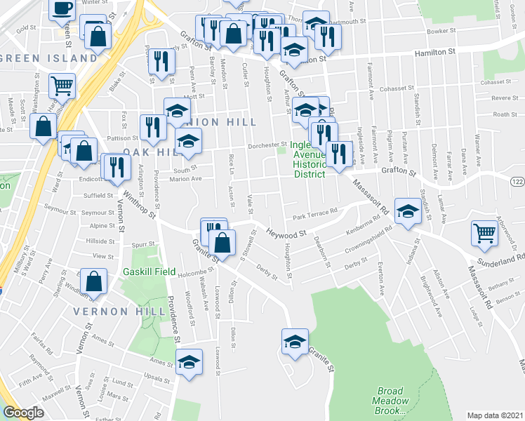 map of restaurants, bars, coffee shops, grocery stores, and more near 116 Houghton Street in Worcester