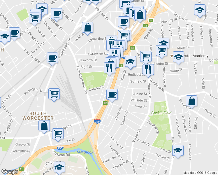 map of restaurants, bars, coffee shops, grocery stores, and more near 255 Millbury Street in Worcester
