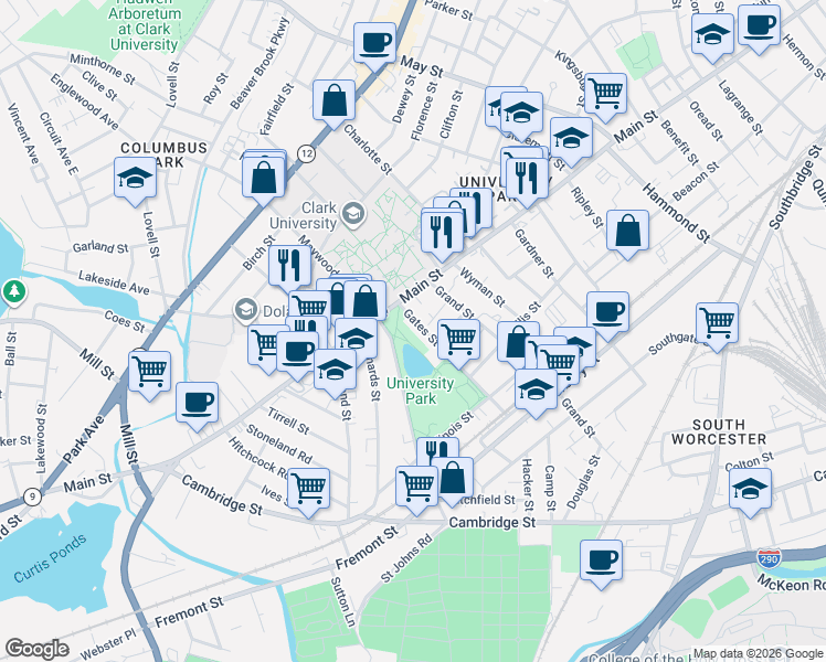 map of restaurants, bars, coffee shops, grocery stores, and more near 27 Gates Street in Worcester