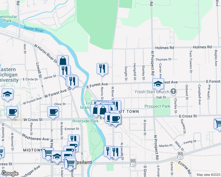 map of restaurants, bars, coffee shops, grocery stores, and more near 619 North River Street in Ypsilanti