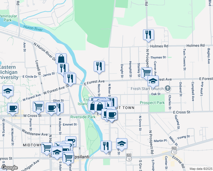 map of restaurants, bars, coffee shops, grocery stores, and more near 619 North River Street in Ypsilanti