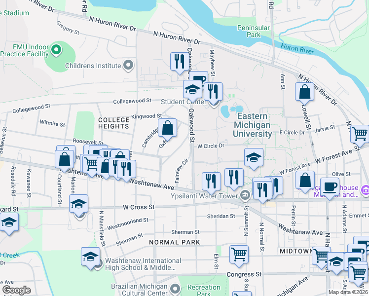 map of restaurants, bars, coffee shops, grocery stores, and more near 533 Fairview Circle in Ypsilanti