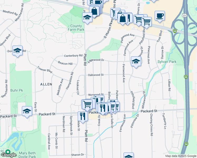 map of restaurants, bars, coffee shops, grocery stores, and more near 2643 Elmwood Avenue in Ann Arbor