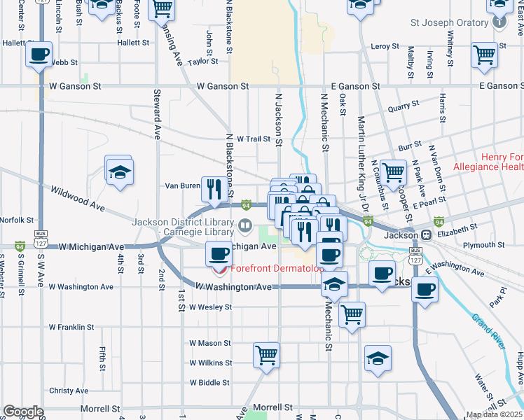 map of restaurants, bars, coffee shops, grocery stores, and more near 224 North Jackson Street in Jackson