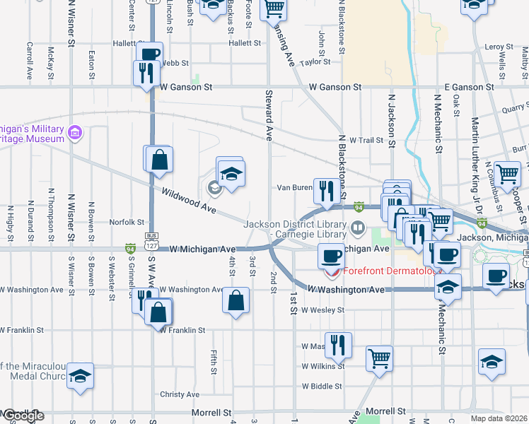 map of restaurants, bars, coffee shops, grocery stores, and more near 512 Wildwood Avenue in Jackson