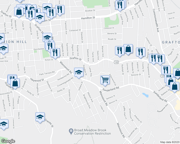 map of restaurants, bars, coffee shops, grocery stores, and more near 12 Lamar Avenue in Worcester