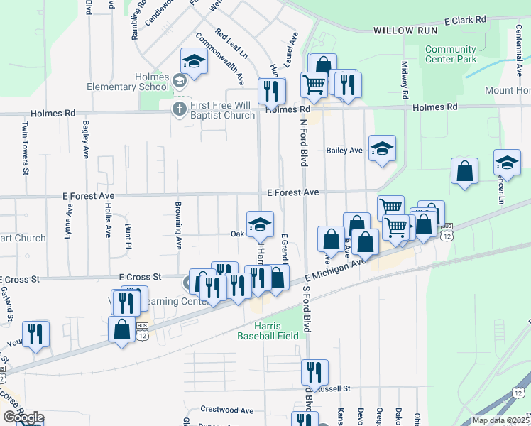 map of restaurants, bars, coffee shops, grocery stores, and more near 586 North Harris Road in Ypsilanti
