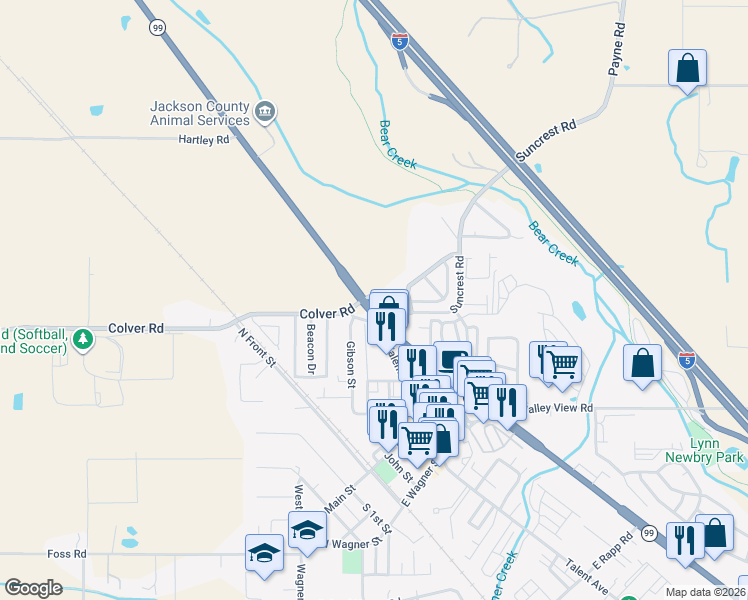 map of restaurants, bars, coffee shops, grocery stores, and more near 5421 North Pacific Highway in Talent