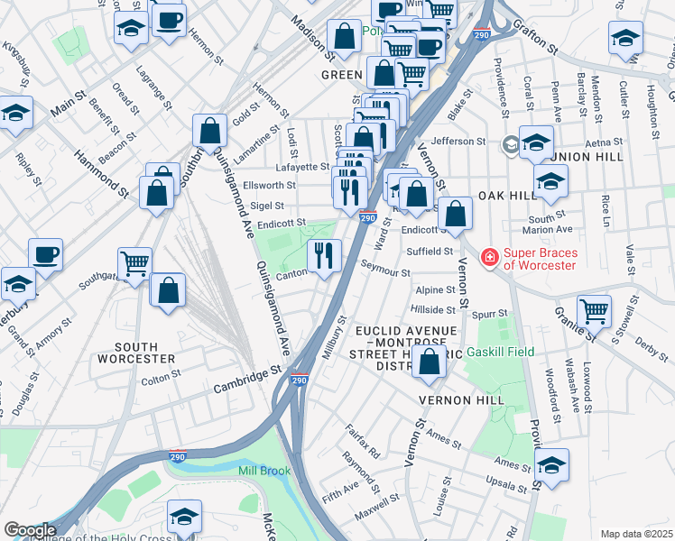 map of restaurants, bars, coffee shops, grocery stores, and more near 255 Millbury Street in Worcester