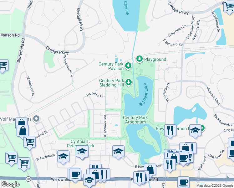 map of restaurants, bars, coffee shops, grocery stores, and more near 3 Echo Court in Vernon Hills