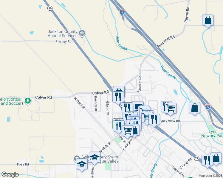 map of restaurants, bars, coffee shops, grocery stores, and more near 5421 North Pacific Highway in Talent