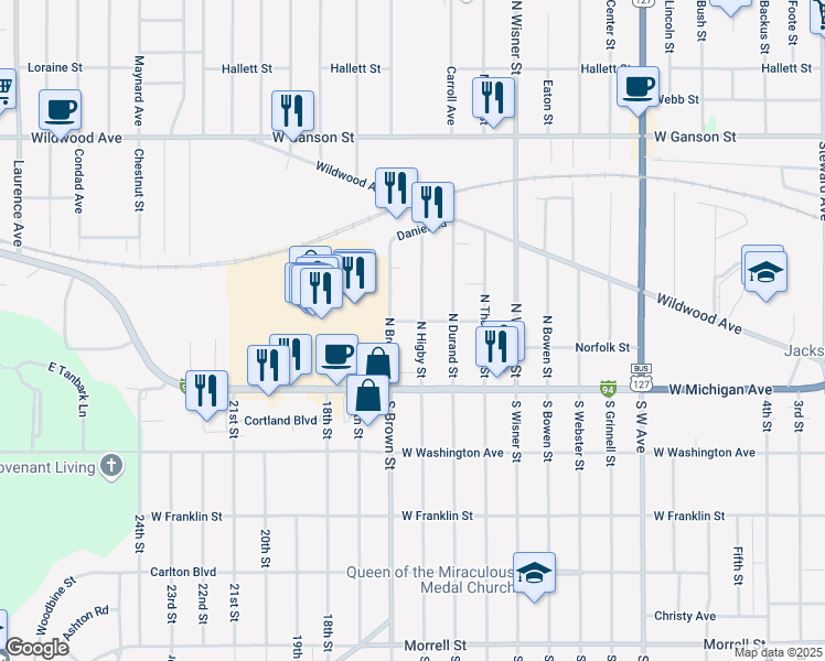 map of restaurants, bars, coffee shops, grocery stores, and more near 120 North Higby Street in Jackson