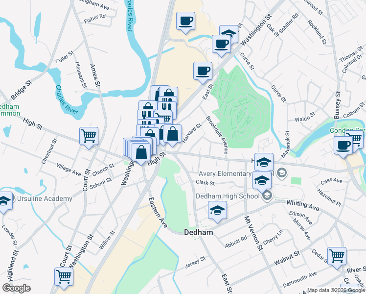 map of restaurants, bars, coffee shops, grocery stores, and more near 104 Harvard Street in Dedham