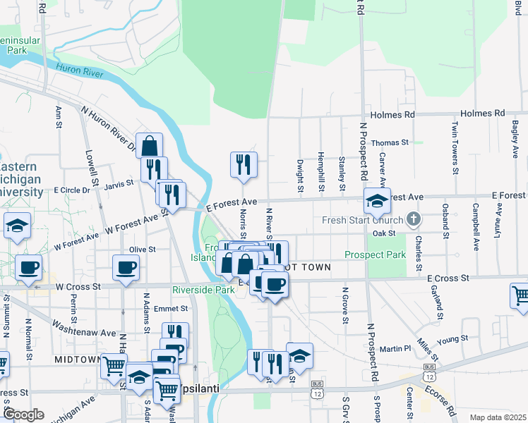 map of restaurants, bars, coffee shops, grocery stores, and more near 619 North River Street in Ypsilanti