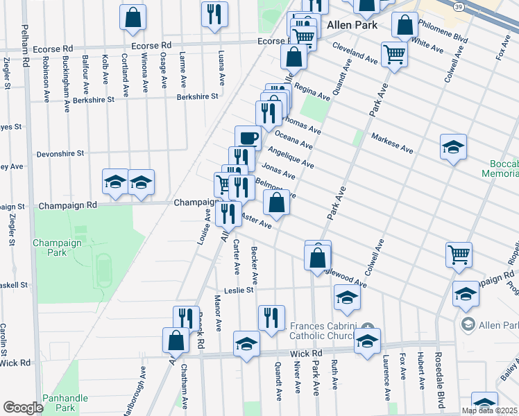 map of restaurants, bars, coffee shops, grocery stores, and more near 15787 Champaign Road in Allen Park