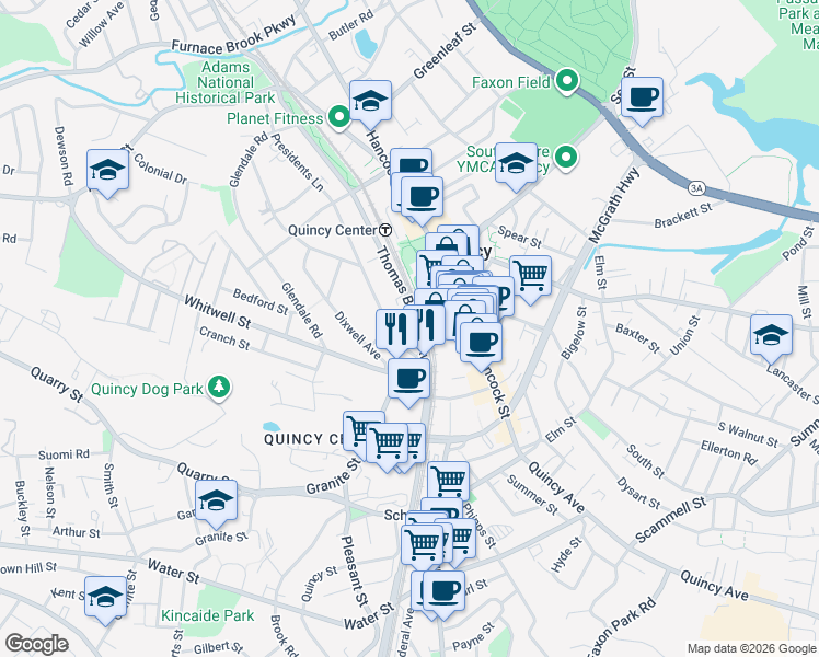 map of restaurants, bars, coffee shops, grocery stores, and more near 215 Thomas Burgin Parkway in Quincy