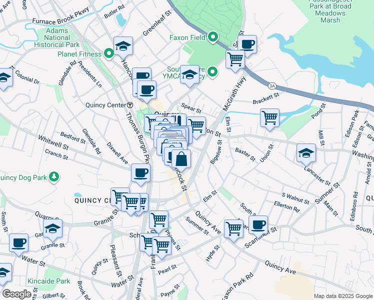 map of restaurants, bars, coffee shops, grocery stores, and more near 25 Cottage Avenue in Quincy