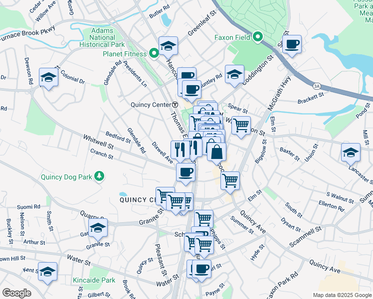 map of restaurants, bars, coffee shops, grocery stores, and more near 215 Thomas Burgin Parkway in Quincy