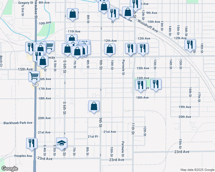 map of restaurants, bars, coffee shops, grocery stores, and more near 1328 17th Avenue in Rockford