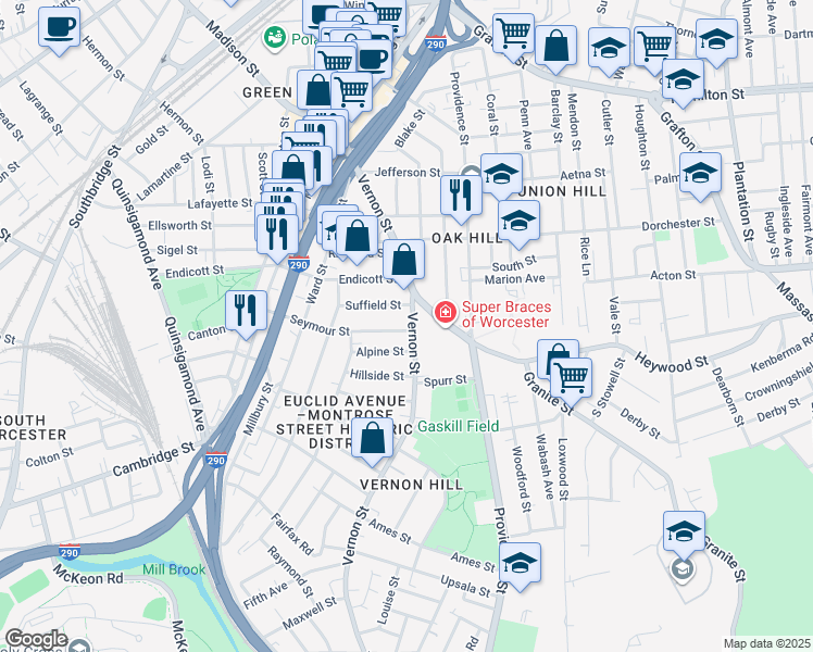 map of restaurants, bars, coffee shops, grocery stores, and more near in Worcester