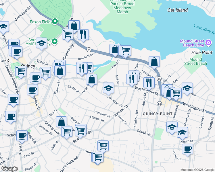 map of restaurants, bars, coffee shops, grocery stores, and more near 9 Lowe Street in Quincy