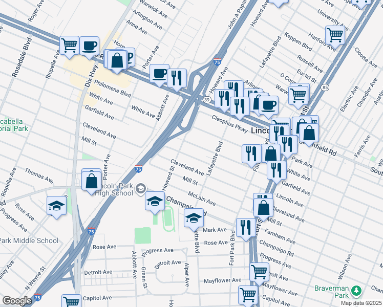 map of restaurants, bars, coffee shops, grocery stores, and more near 1566 Lincoln Avenue in Lincoln Park