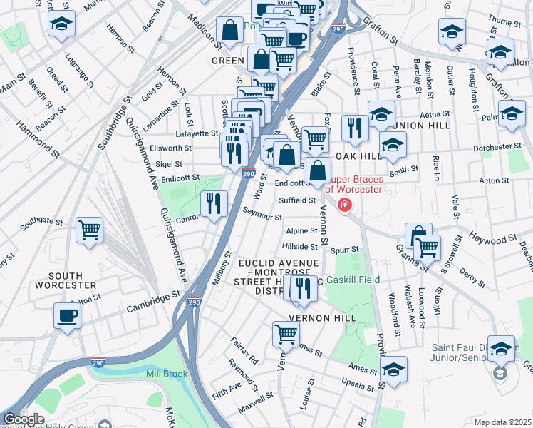 map of restaurants, bars, coffee shops, grocery stores, and more near 36 Perry Avenue in Worcester