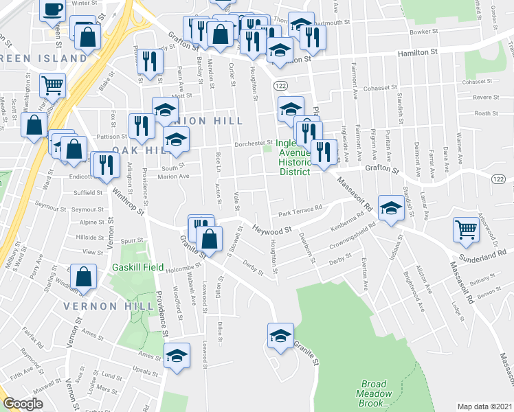map of restaurants, bars, coffee shops, grocery stores, and more near 116 Houghton Street in Worcester