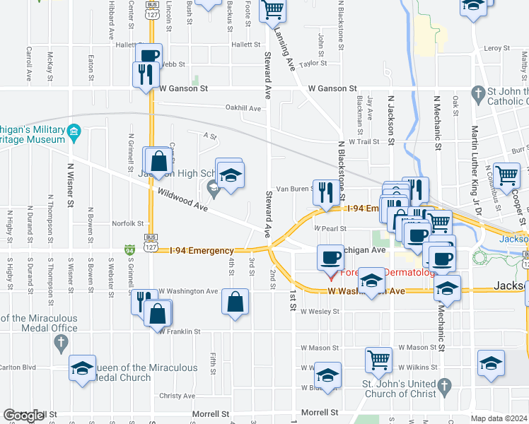 map of restaurants, bars, coffee shops, grocery stores, and more near 216 Steward Avenue in Jackson