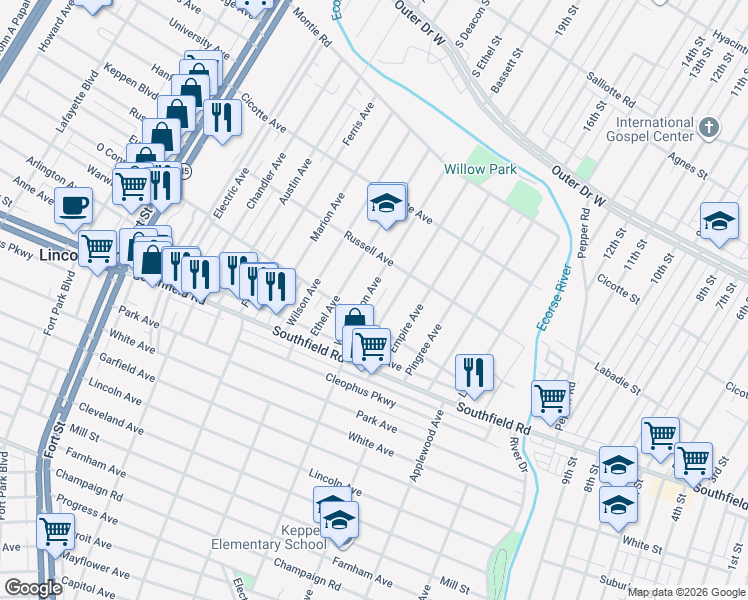 map of restaurants, bars, coffee shops, grocery stores, and more near 1569 Washington Avenue in Lincoln Park