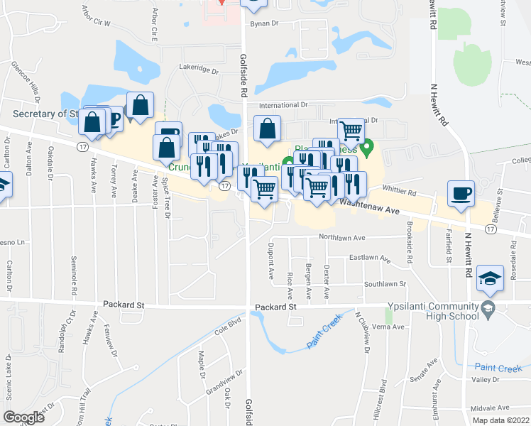 map of restaurants, bars, coffee shops, grocery stores, and more near 2985 Washtenaw Avenue in Ypsilanti