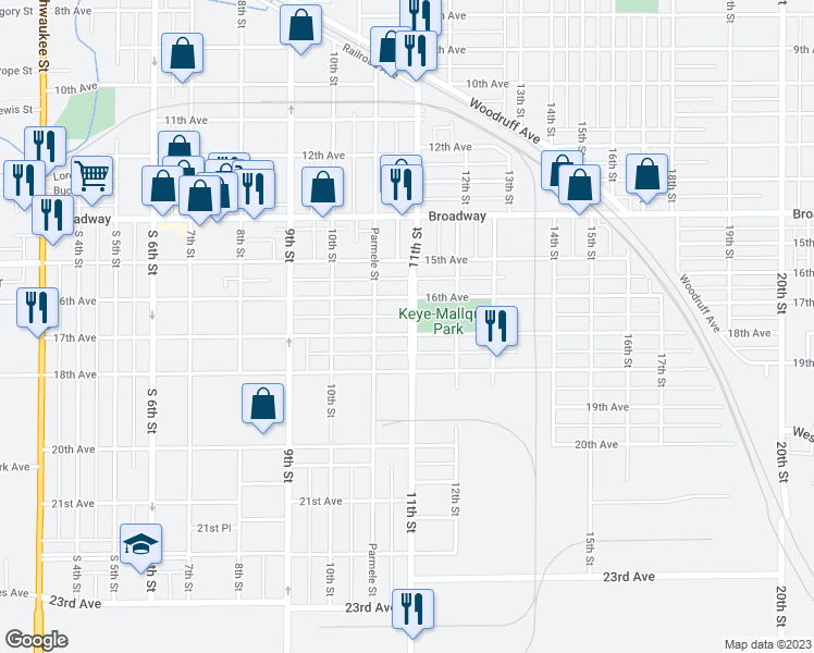 map of restaurants, bars, coffee shops, grocery stores, and more near 1725 11th Street in Rockford
