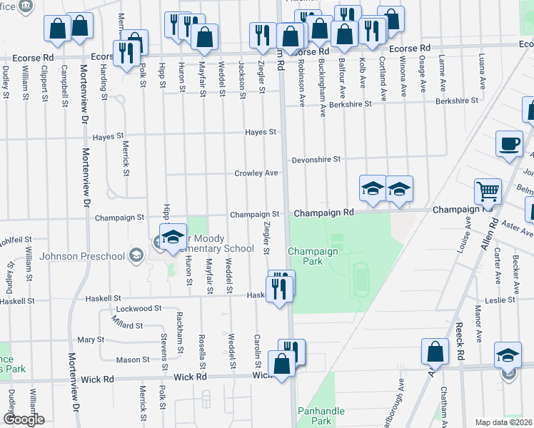 map of restaurants, bars, coffee shops, grocery stores, and more near Ziegler St & Champaign St in Taylor
