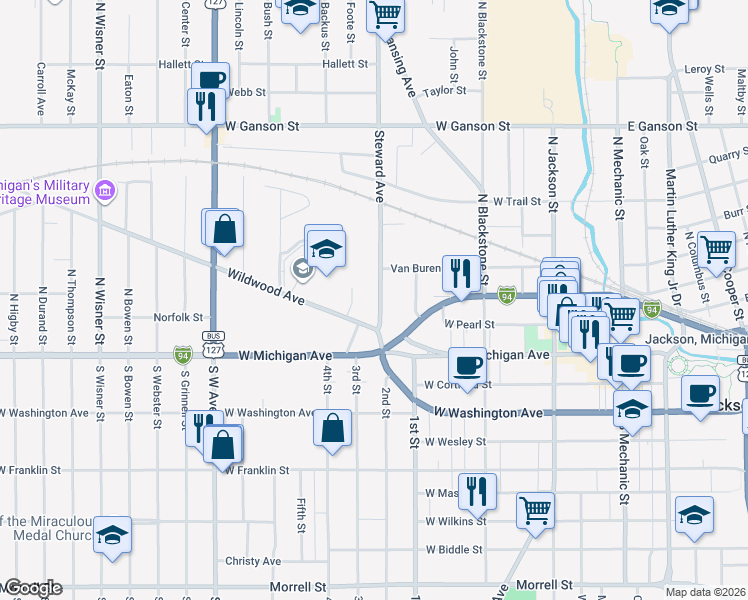 map of restaurants, bars, coffee shops, grocery stores, and more near 512 Wildwood Avenue in Jackson