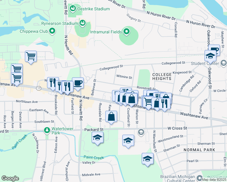 map of restaurants, bars, coffee shops, grocery stores, and more near 1952 Whittier Road in Ypsilanti
