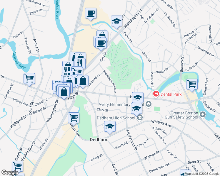 map of restaurants, bars, coffee shops, grocery stores, and more near 14 Dominic Court in Dedham