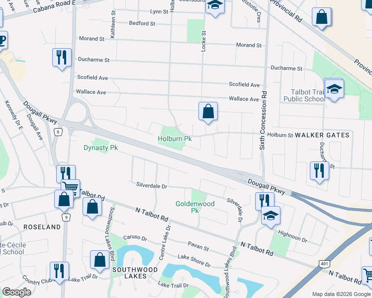 map of restaurants, bars, coffee shops, grocery stores, and more near 4239 Providence Crescent in Windsor