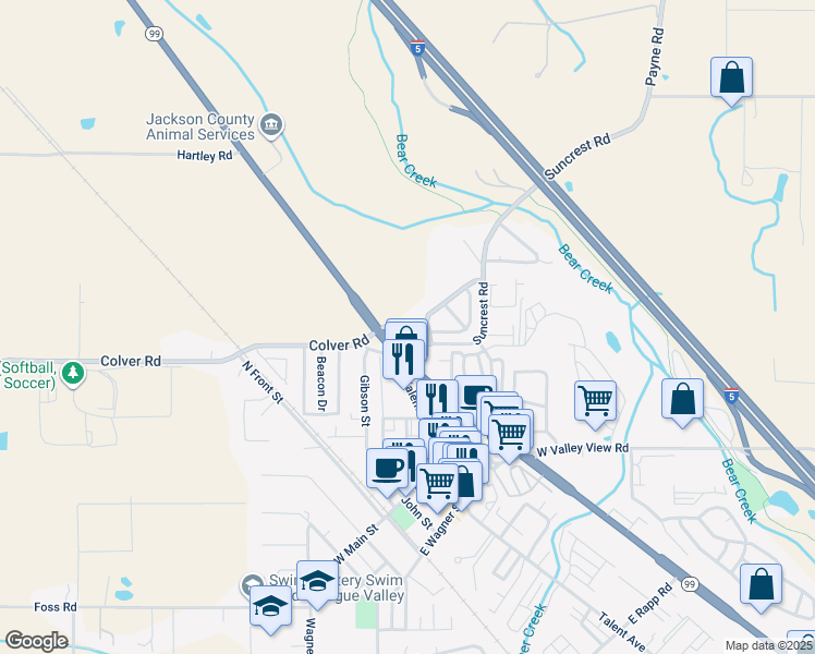 map of restaurants, bars, coffee shops, grocery stores, and more near 101 Suncrest Road in Talent